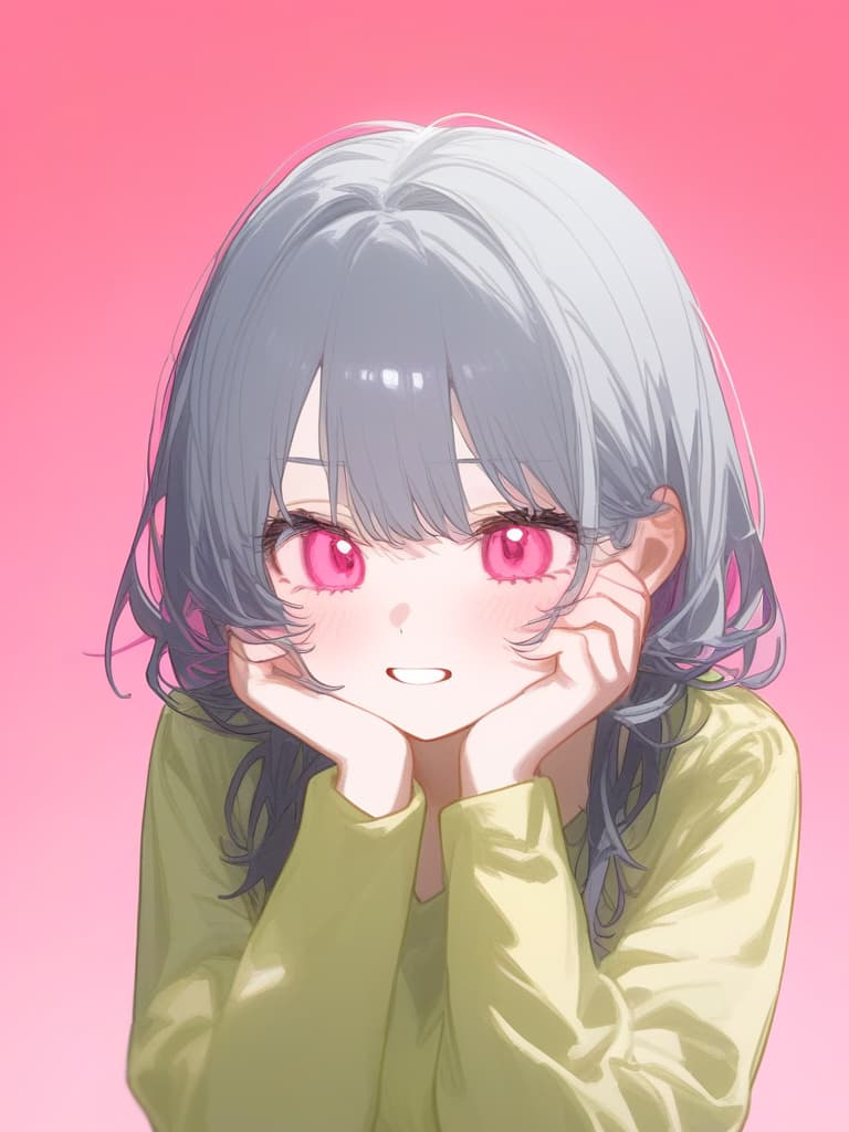  short gray hair,girl,pink eyes,no highlights,yellow green sweater,pink lines on the sleeves,hands on cheeks,pink background