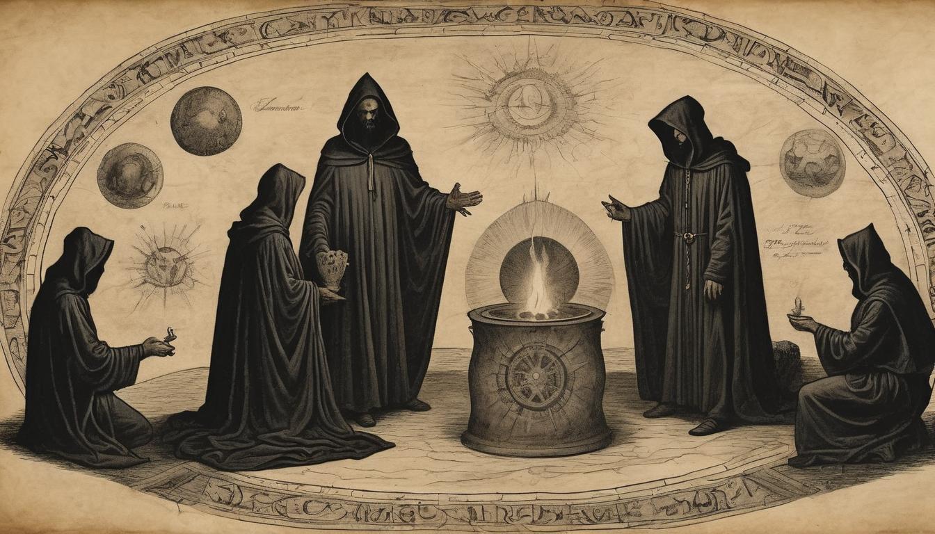  on parchment, surrealism++, a mystical circle of hooded figures, cloaked in dark robes, gathered around a glowing obsidian altar, ritualistic atmosphere, secretive and powerful(mysterious, provocative, symbolic)++