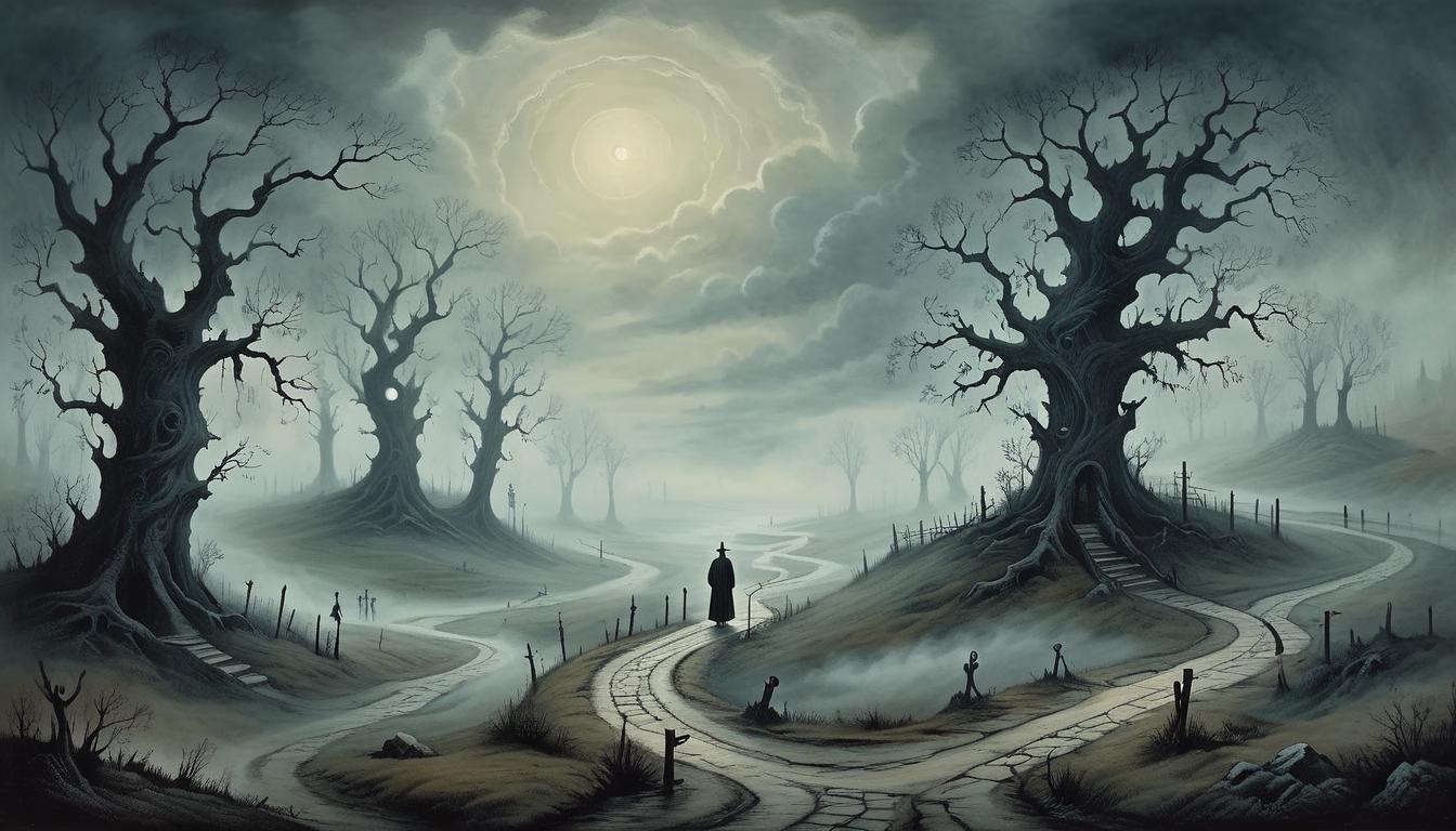  on parchment, surrealism+++, gloomy landscape, twisting paths, shadowy figures standing at crossroads, fog obscuring the way, atmosphere of confusion and ignorance(mysterious, provocative, symbolic,muted color)+++