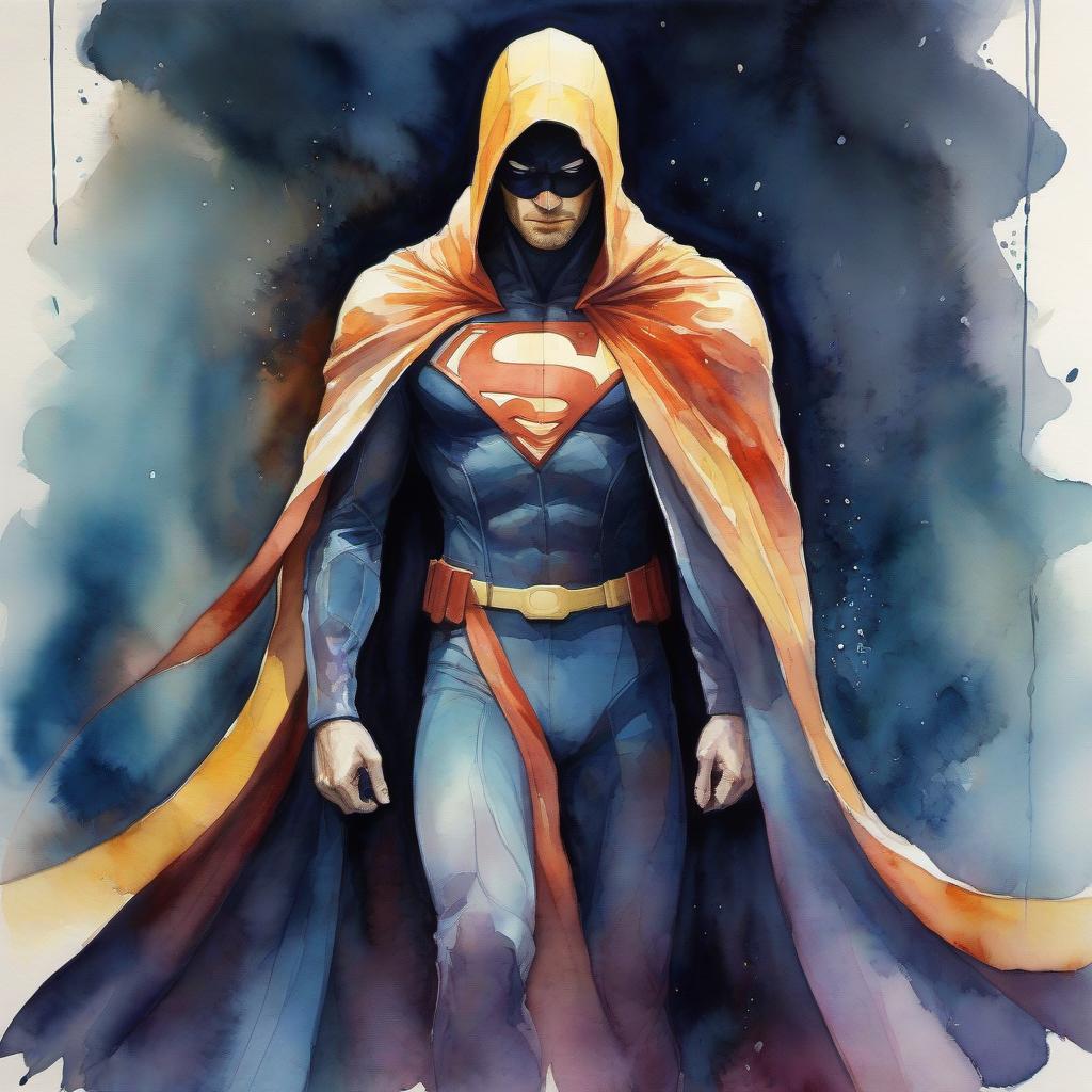  watercolor painting make a full length superhero in a long cloak with a kind human face whose main superpower is the combination of the two energies of law and the energy of life, through which the successful implementation of the plan is combined . vibrant, beautiful, painterly, detailed, textural, artistic