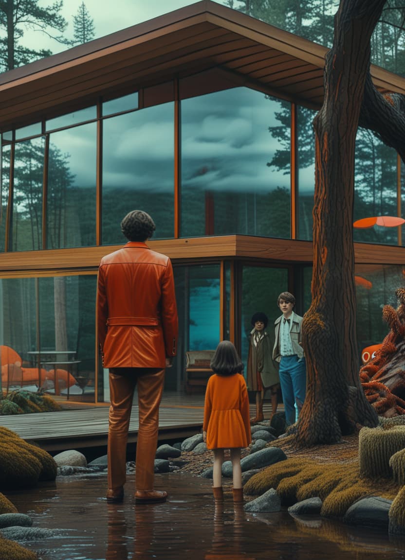  best quality, hd, a man and woman stand in front of a glass and wood mid century modern cabin is in wooded clearing, behind the cabin is a blue running river, the clouds are an orange and red, in the clouds is a tentacled monster in the style of stranger things