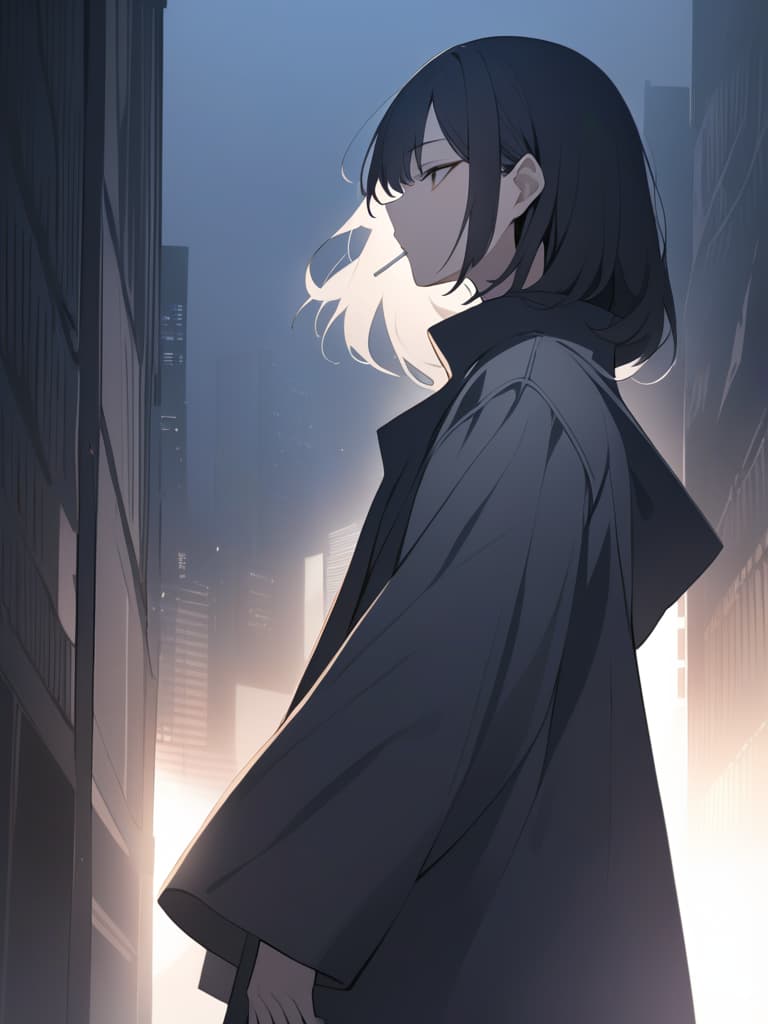  a mysterious woman with long,dark hair stands in a dimly lit,urban setting.she is smoking a cigarette,the smoke curling lazily upward around her face.her clothing is predominantly black,including a loose fitting,oversized jacket,blending seamlessly with the shadowy atmosphere. the lighting casts soft,moody highlights on her face,emphasizing her cool,detached expression. the background is filled with a dark cityscape tall buildings,faint lights in the distance but the focus remains on the woman and the smoke enveloping her. the overall tone is dark and noir like,with a sense of calm yet haunting solitude.