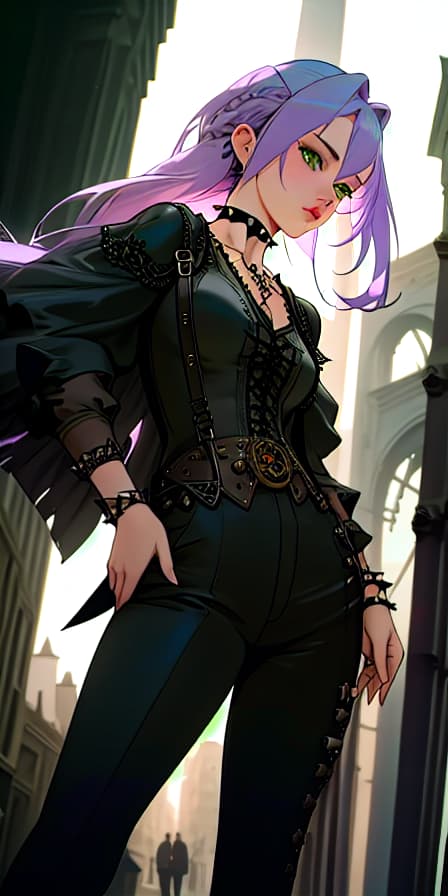  artwork of a girl, pastel purple hair, green eyes. full body realistic, wearing black steampunk outfits, wearing black spiked bracelets, choker, village background, elegant, hyper realistic, hyperrealistic, full body, detailed clothing, highly detailed, cinematic lighting, stunningly beautiful, intricate, sharp focus, f/1. 8, 85mm, (centered image composition), (professionally color graded), ((bright soft diffused light)), volumetric fog, trending on instagram, trending on tumblr, HDR 4K, 8K