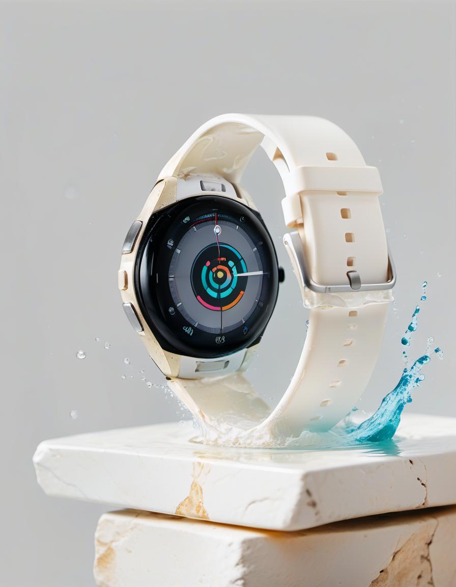  smart watch on stone, around water splash, light background, film photography style