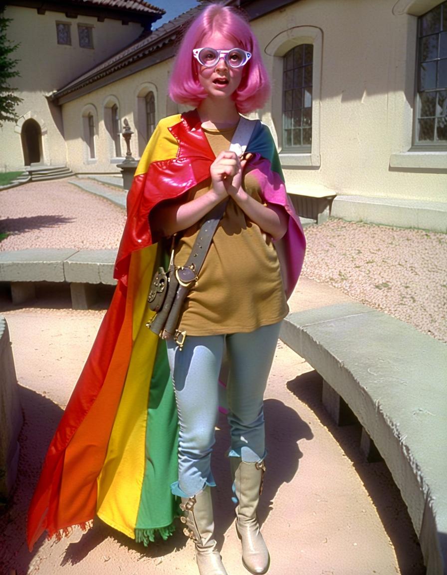  dvd screengrab, girl with pink hair and glasses from 1982 dark fantasy film, "excalibur"