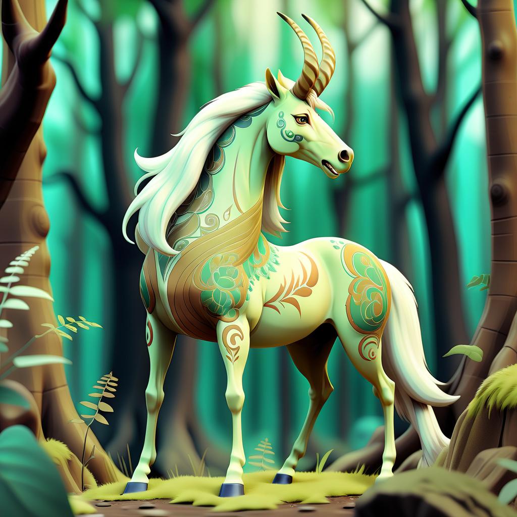  anime artwork animal, mythical animal, horse with gazelle horns in full growth, forest, horse, forest spirit animal, forest spirit, patterns, unusual color, full height, stands sideways . anime style, key visual, vibrant, studio anime, highly detailed, sticker