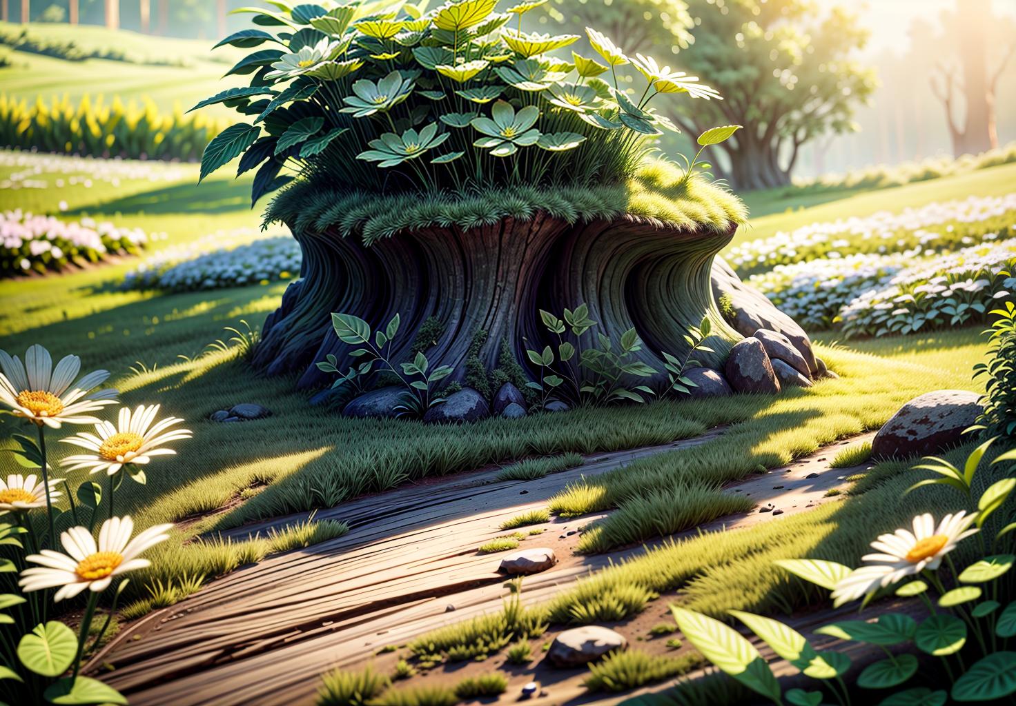  best quality, high resolution, perfect lighting, (extremely fine cg: 1.2), 32k, (green plant artform, solo:1.5), flower, meadow, forest, spring, blooming flowers, moss microlandscape, green, simple, clean bright background, light tracing, natural light, c4d, oc render, (masterpiece:1.2),