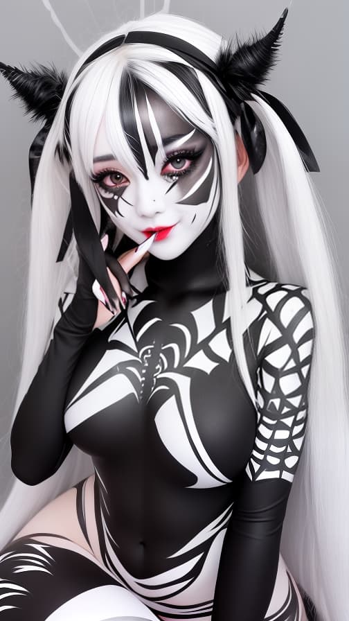  Black and White Spider-patterned body paint in every corner of the whole body, full-body, White body paint,Silver face paint on the face,Two succubuses 女の子