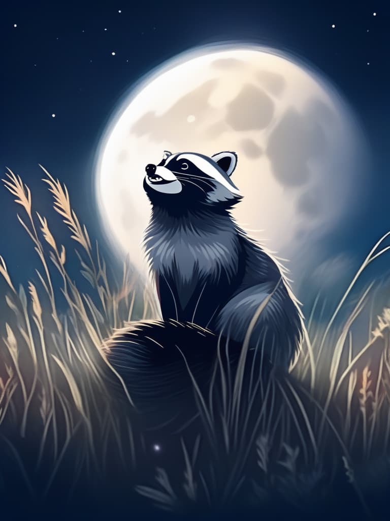  ((looking up at the moon: super cute raccoon)) midnight,full moon,field of silver grass🌾 all over,moon viewing🎑,blur effect,