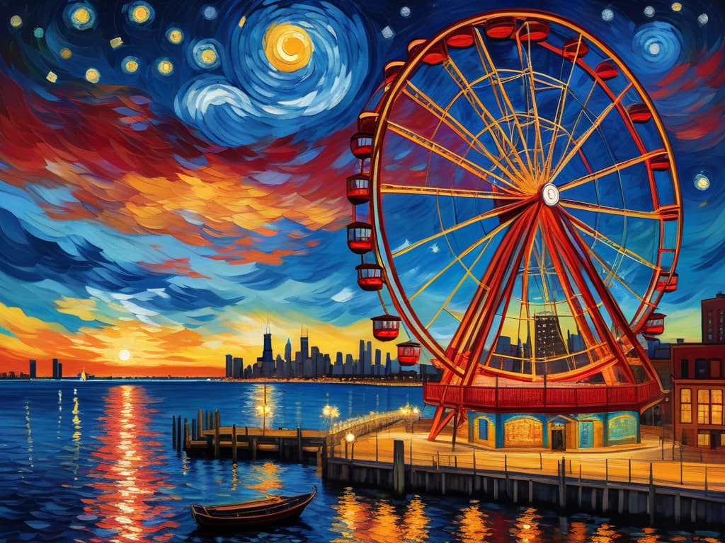  concept art chicago’s centennial ferris wheel, chicago’s navy pier, van gogh's starry starry night with colorful red and orange swirls in the beautiful night sky, chicago skyline with colorful van gogh swirls in the sky, hyper realistic, chicago skyline, mesmerizing, intricate details, flambient golden and red sunrise, dramatic lighting, epic composition, wide angle, cinematic, masterpiece, high resolution, sharp details, best quality, 4k, raw photo, van gogh influence, studio lighting, impressionist, bold colors, starry sky, architectural elements, medium format lens, high angle, cityscape, city life, metropolitan, van gogh's brushstrokes, van gogh's shadows, van gogh's colors, van gogh's textures, nighttime, city scene, streets, night