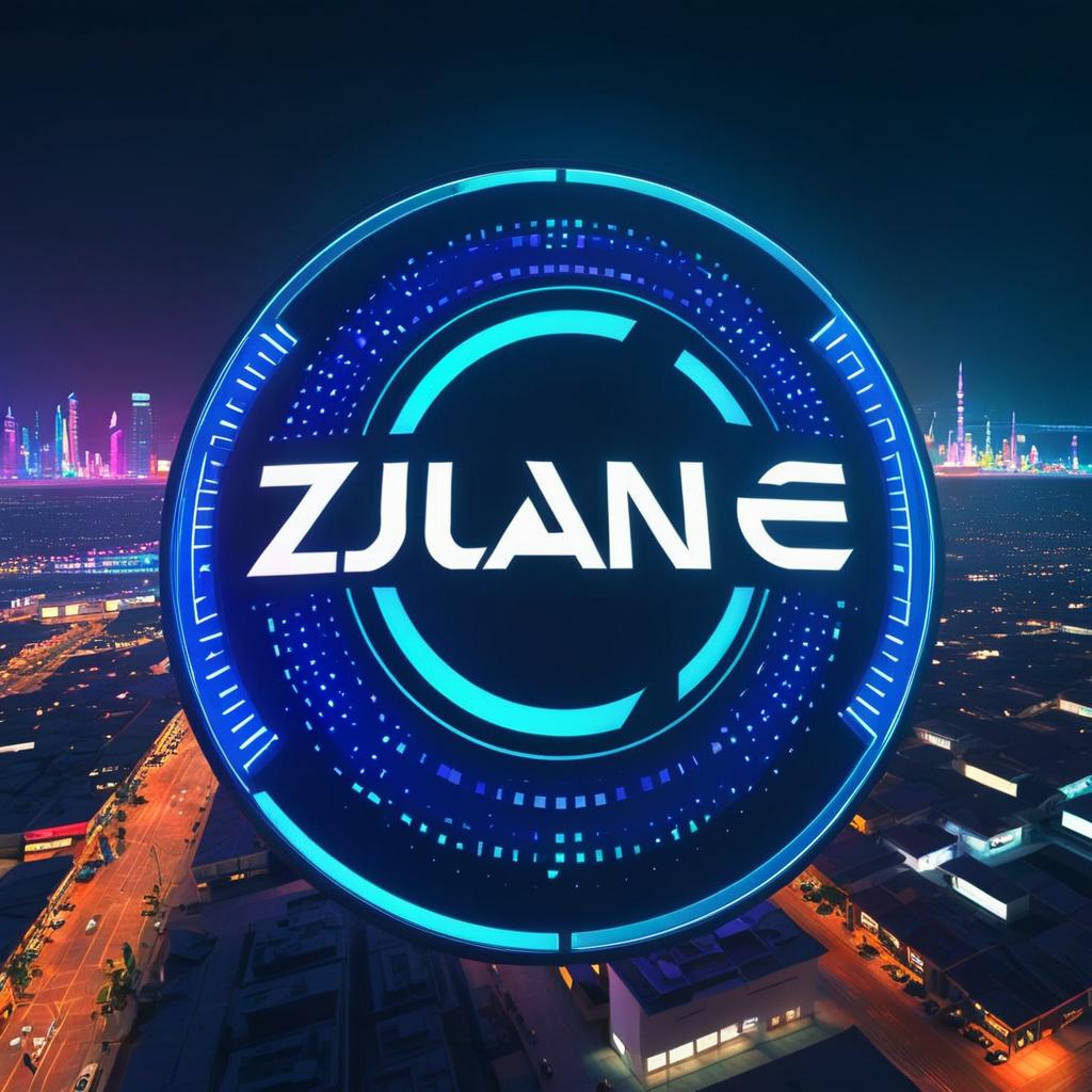  futuristic sign that says zundel zone with a futuristic city in the background, (logo), advanced, high tech, sleek, sci fi, abstract, digital elements, metallic, neon colors, progressive