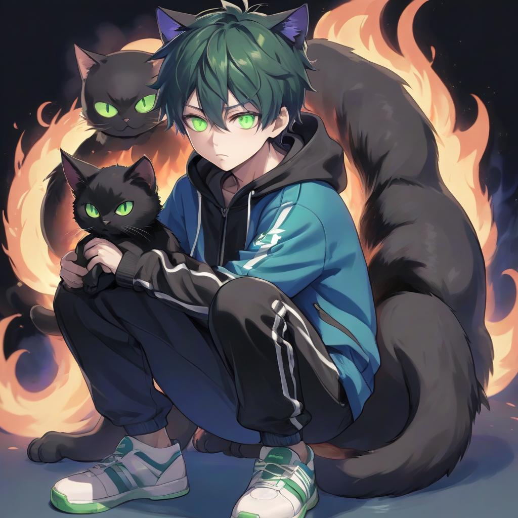  an anime boy with green eyes in a tracksuit with a black cat in his hands around a blue flame