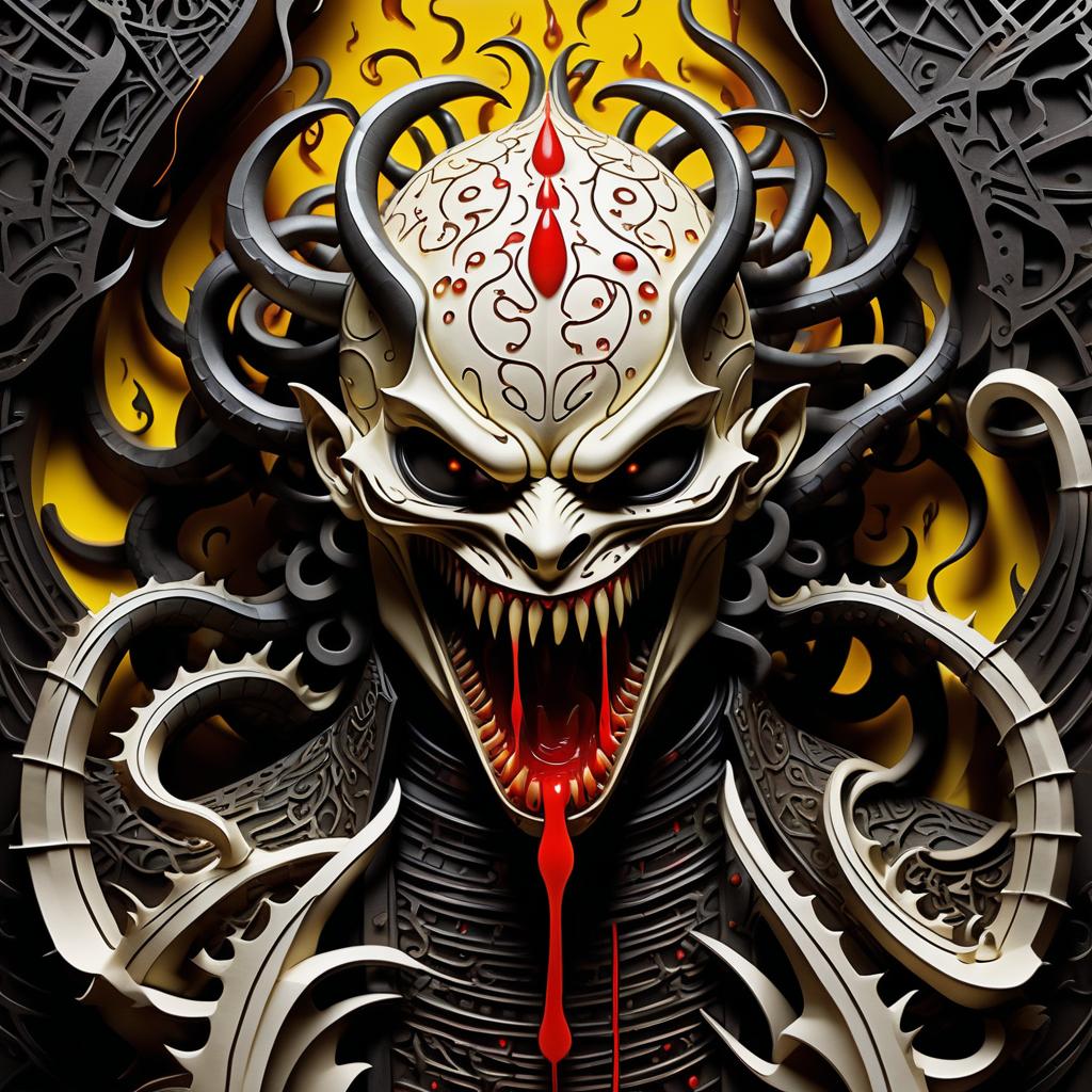  stacked papercut art of лавкрафт whisper giger hellraiser flesh eater demon lurking and eyeless white with red drops flowing black mucus in yellow smoke sharp claws and toothy mouths tentacles with wrapped around a thin body in beautiful priest robes sparks and a chain of fire . 3d, layered, dimensional, depth, precision cut, stacked layers, papercut, high contrast