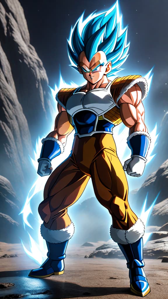  anime art: vegeta from dragon ball achieving a new form surpassing super saiyan blue. hyperrealistic, full body, detailed clothing, highly detailed, cinematic lighting, stunningly beautiful, intricate, sharp focus, f/1. 8, 85mm, (centered image composition), (professionally color graded), ((bright soft diffused light)), volumetric fog, trending on instagram, trending on tumblr, HDR 4K, 8K