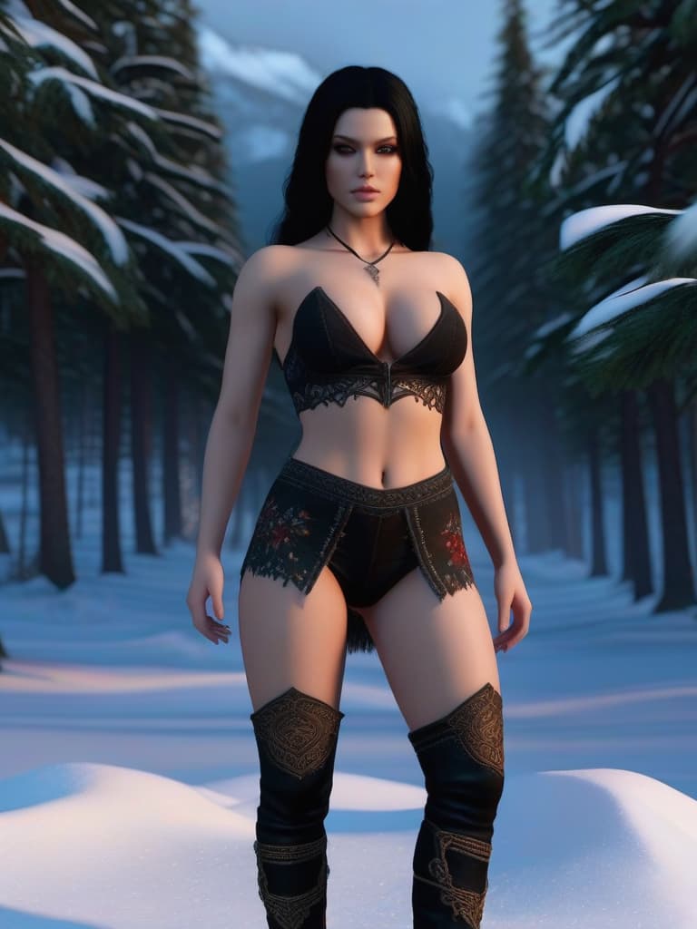  5 age girls,full body shot, pale skin supernatural evil long black hair black eyeshadow full glowing white eyes tattoos standing in knee deep snow no top wearing only white cotton mesh ,beautiful faces,8k,highly detailed, photorealistic ,unreal engine,giant testicle bulge in between their legs in hair region