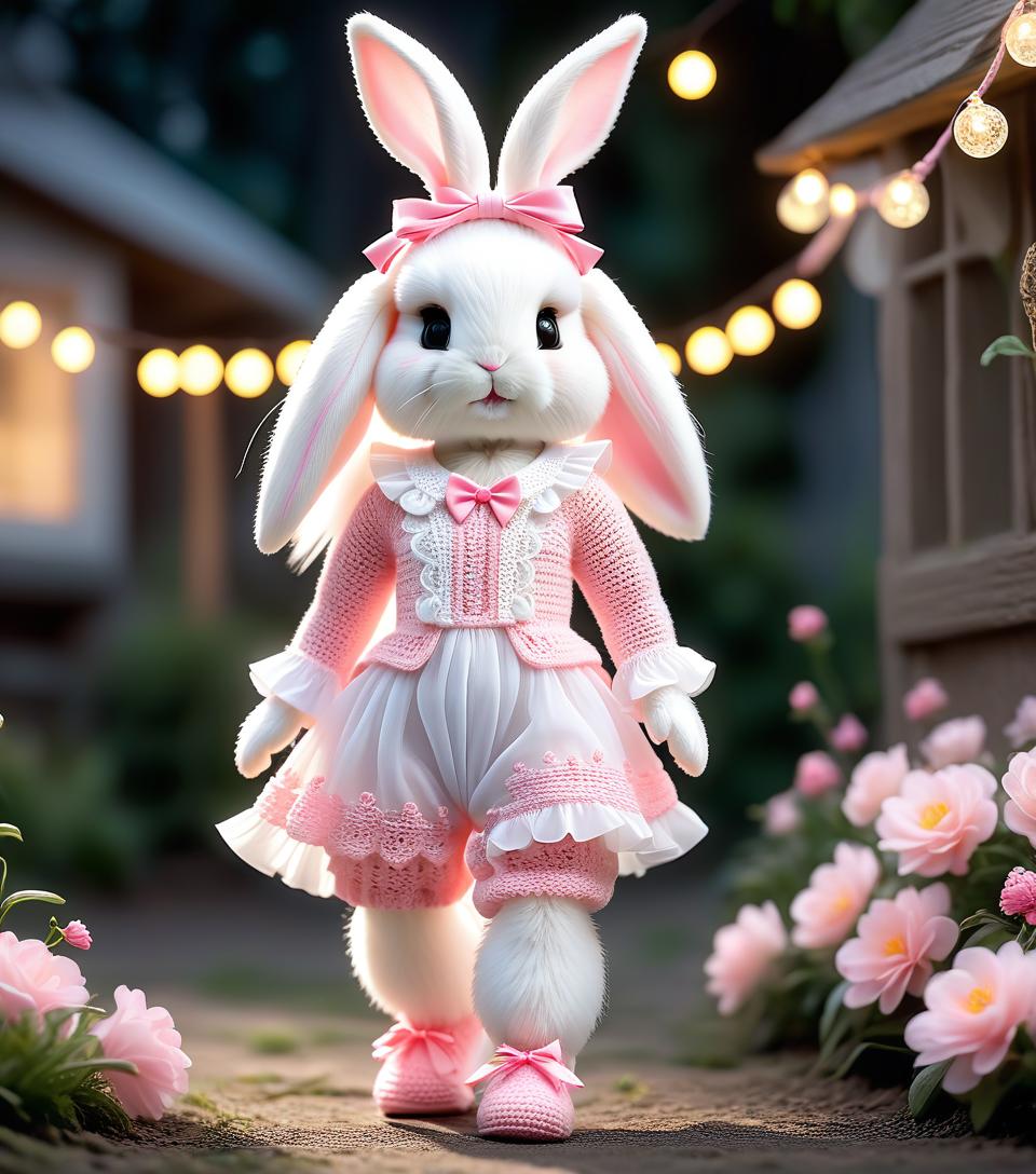  long exposure photo of a very cute white and pink fluffy bunny, cute cute, with long fluffy floppy ears, with a fashionable elegant crochet headband with a bow, and decorations, standing on two legs, in a crocheted white and pink jumpsuit with ruffles, tulle ruffles, with draperies, with ruffled tulle, with a bow, a peplum, very detailed, dressed in beautiful crocheted shoes with a bow, flying fireflies and neon hearts, glare of light, radiance, fabulously beautiful, tenderness, love, aesthetics, best quality: 1.3, for maximum detail and clarity, professional photo, fotorealism, high resolution, high detail , iso 3200, f/2.8, 16k, uhd, 1/8000sec, 30mm lens, bright light . blurred motion, streaks of light, surreal, dreamy, ghosting effect, h hyperrealistic, full body, detailed clothing, highly detailed, cinematic lighting, stunningly beautiful, intricate, sharp focus, f/1. 8, 85mm, (centered image composition), (professionally color graded), ((bright soft diffused light)), volumetric fog, trending on instagram, trending on tumblr, HDR 4K, 8K