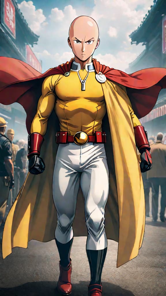  anime art: saitama from one punch man in a modest b rank hero outfit. hyperrealistic, full body, detailed clothing, highly detailed, cinematic lighting, stunningly beautiful, intricate, sharp focus, f/1. 8, 85mm, (centered image composition), (professionally color graded), ((bright soft diffused light)), volumetric fog, trending on instagram, trending on tumblr, HDR 4K, 8K