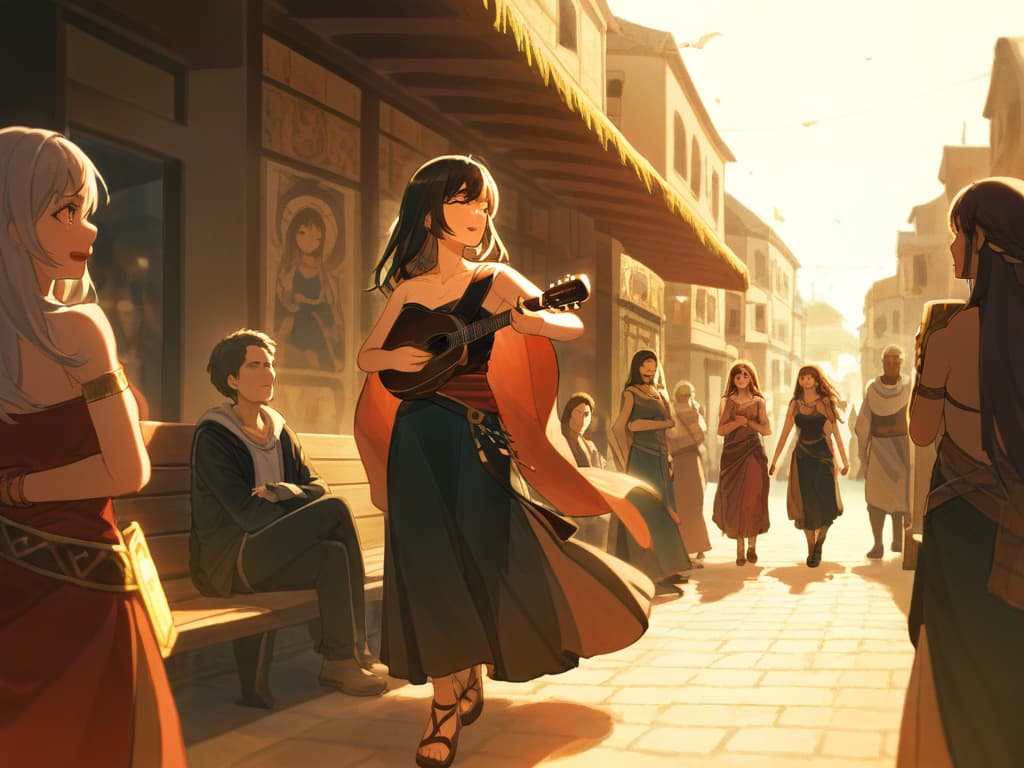  mature woman,long hair,bards,dress,fantasy,town,bright atmosphere,sit on a bench,lively,holding the lute,singing,eyes closed,calm expression,spectators all around,evening,ancient egypt,