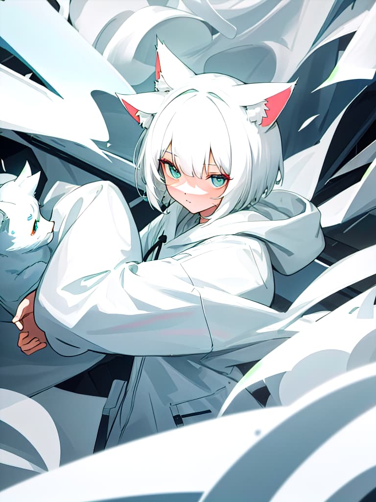  short hair, girls, white hair, cat ears, white hoodies, whole body, masterpiece, best quality,8k,ultra detailed,high resolution,an extremely delicate and beautiful,hyper detail