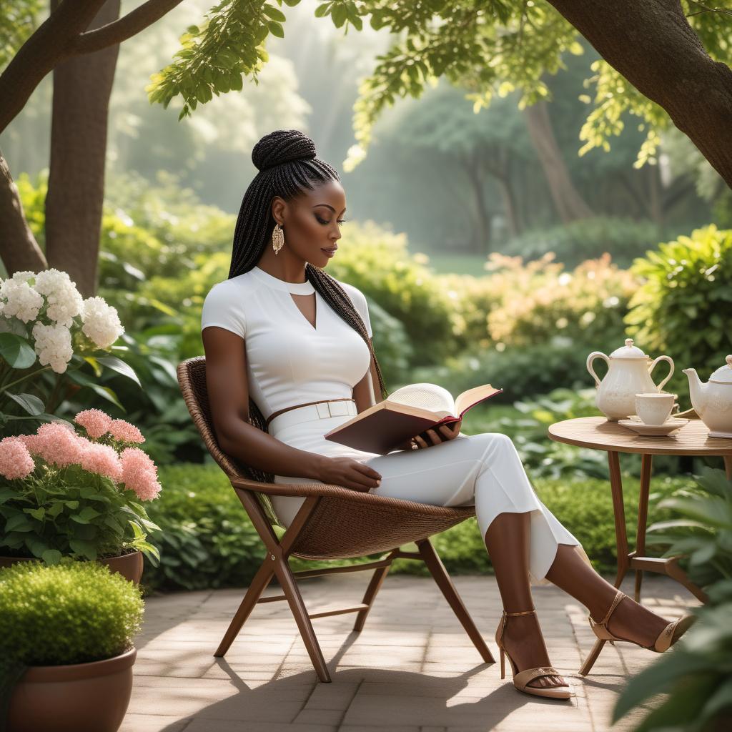  A serene afternoon setting with a calm ambiance. Imagine a comfortable lounge chair under the shade of a tree, with soft rays of sunshine filtering through the leaves. Nearby, a stylish coffee table holds a delicate teacup and an open book, suggesting a moment of relaxation and reflection. The background features a tranquil garden or park scene with subtle floral accents. Include a black woman with braids sitting in the lounge chair, looking relaxed. Incorporate a text overlay with the inspirational message: 'After six days of relentless hard work and determination, it's the perfect time to allow yourself some well-deserved rest and relaxation. True strength comes from balance, and taking a moment to recharge is not only essential but incre hyperrealistic, full body, detailed clothing, highly detailed, cinematic lighting, stunningly beautiful, intricate, sharp focus, f/1. 8, 85mm, (centered image composition), (professionally color graded), ((bright soft diffused light)), volumetric fog, trending on instagram, trending on tumblr, HDR 4K, 8K