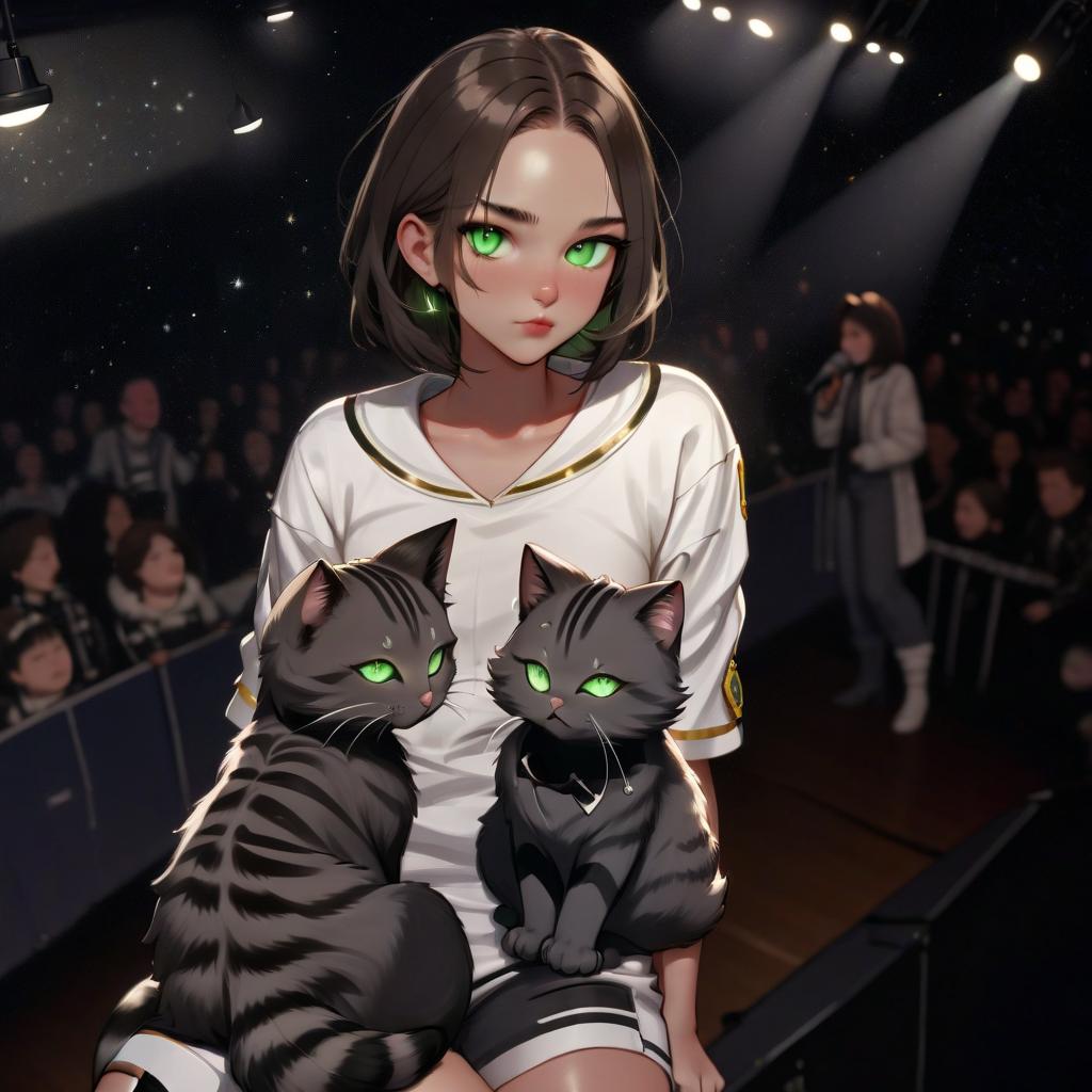  girl with dark green eyes, two furry striped cats, space, spotlights, view from the stage, microphone, music, royal grace, viewer