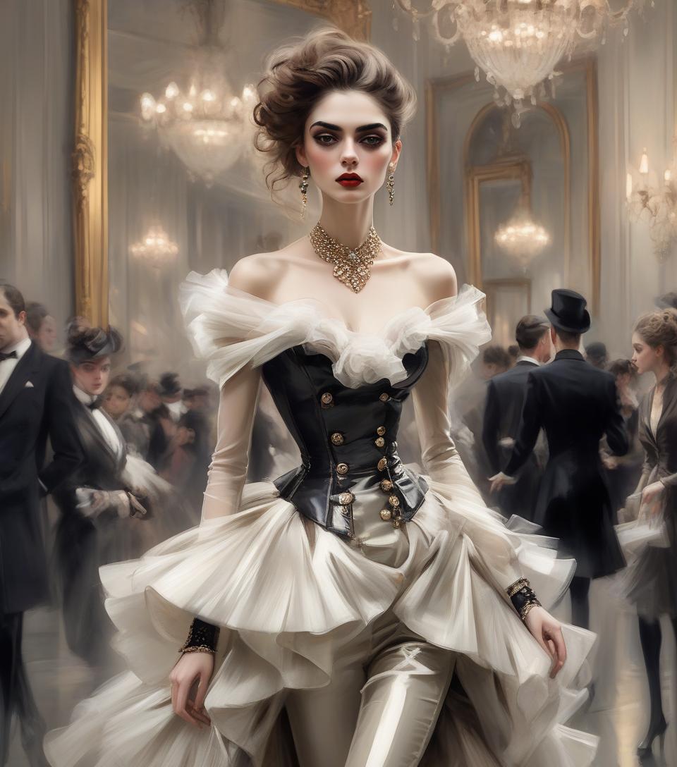  concept art fashionista, inspired by style of runway reflections x giovanni boldini, romantic french chic, ultra realism, mid shot . digital artwork, illustrative, painterly, matte painting, highly detailed