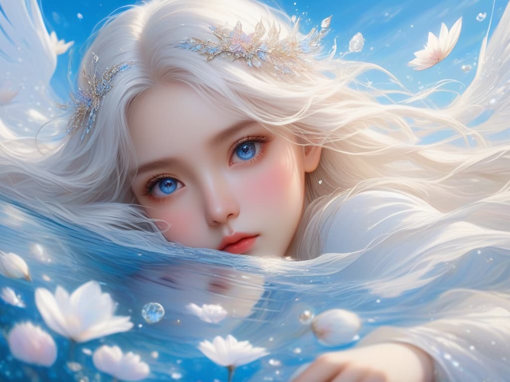  ethereal fantasy concept art of masterpiece,best quality,official art,extremely detailed cg 8k wallpaper,(flying petals) (detailed ice),crystals texture skin,1girl,cold expression,white hair,long hair,messy hair,blue eye,looking at viewer,extremely delicate and beautiful,water,((beauty detailed eye)),highly detailed,cinematic lighting,((beautiful face), fine water surface, (original figure painting), ultra detailed, incredibly detailed, (an extremely delicate and beautiful), beautiful detailed eyes, (best quality). magnificent, celestial, ethereal, painterly, epic, majestic, magical, fantasy art, cover art, dreamy