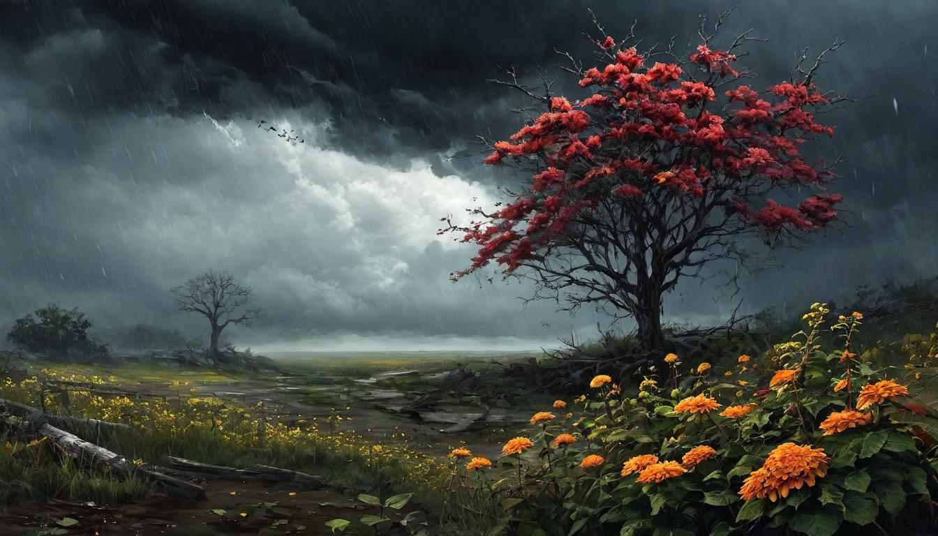  digital painting of wilting flowers, dark clouds overhead, withered trees, decay, abandonment, sorrowful, melancholic looking at viewer, dynamic pose, (intricate details, masterpiece, best quality)