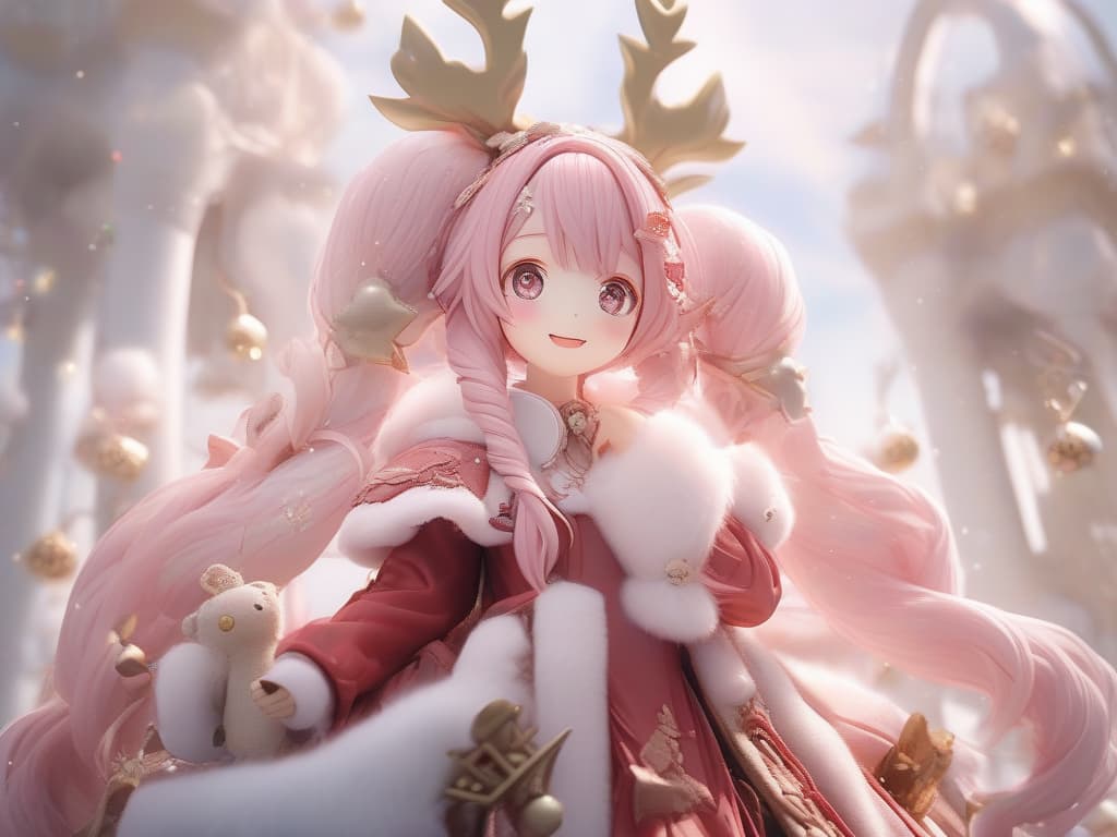  santa cosplay twin tails pink hair color, smile, masterpiece, best quality,8k,ultra detailed,high resolution,an extremely delicate and beautiful,hyper detail