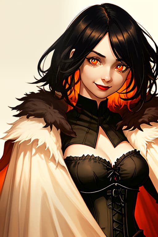  (dark shot:1.1), epic realistic, a beautiful, grown up woman, smiling cheekily. bright orange pupils. short black hair. corset. big chest dark background. on his shoulders is a fur collared cape. older., faded, (neutral colors:1.2), (hdr:1.4), (muted colors:1.2), hyperdetailed, (artstation:1.4), cinematic, warm lights, dramatic light, (intricate details:1.1), complex background, (rutkowski:0.66), (teal and orange:0.4)