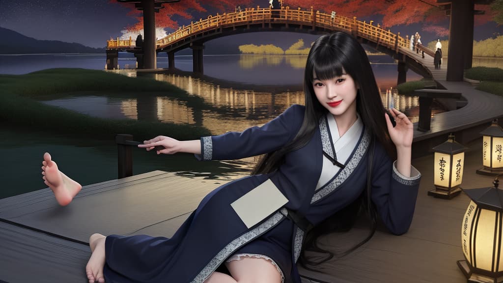  masterpiece, best quality, (fidelity:1.4), best quality, masterpiece, super high resolution, 8k resolution, night scene inspired by Japanese art, featuring paper lantern lit garden and wooden bridge across tranquil lake, lake with a mature , dressed ly and , female, nurse, stewardess, soldier, bushy eyebrows, watery eyes, lipstick, smile, smile, nervous, shy, painful, long hair, black hair, bangs, straight hair, collar, lace trim, jacket, bare feet, no socks.