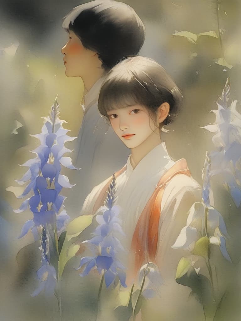  masterpiece,((solo),(((one male:1.7))),delicate brown hair color,(((short hair))),delicate blue eye color,gently smiling,(((larynx:1.2))),桔梗の花,(((chinese bellflowers:1.2))),high quality,16k