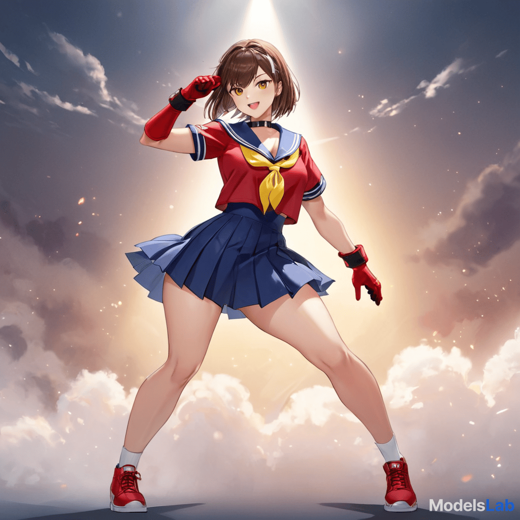   (masterpiece:1.5), (ultra quality:1.5), (ultra detailed:1.3), (1girl:1.4), ((kasugano sakura)), (street fighter), dynamic pose, (flying kick:1.3), (kicking:1.3), brown hair, (short hair:1.3), (brown eyes:1.2), white headband, (red gloves:1.4), fingerless gloves, clenched fist, (pleated :1.3), short sleeves, (white shirt:1.2), (sailor collar:1.3), uniform, ed,anal,,, (serafuku:1.2), sneakers, ( :1.3), (:1.2), ((v shaped eyebrows:1.2)), ( visible through :1.3), simple background, looking at viewer, smile, (buruma), (blue sailor collar), (yellow neckerchief), (kneepits), (neckerchief), (gloves), (shoes), (teeth:1.2), ((dynamic pose)), (vint colors:1.3), (soft light), (anime:1.2), fine detai hyperrealistic, full body, detailed clothing, highly detailed, cinematic lighting, stunningly beautiful, intricate, sharp focus, f/1. 8, 85mm, (centered image composition), (professionally color graded), ((bright soft diffused light)), volumetric fog, trending on instagram, trending on tumblr, HDR 4K, 8K