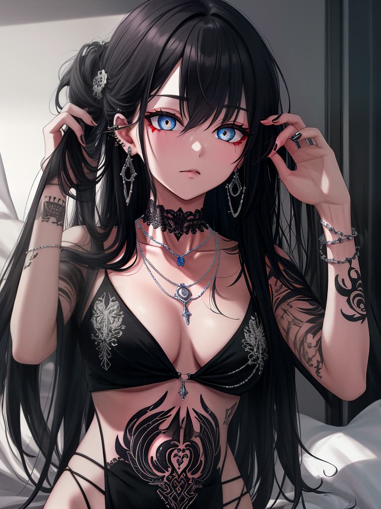  darkness, waking up, lack of sleep, tattoo, cigarettes, piercings, necklaces, masterpiece, best quality,8k,ultra detailed,high resolution,an extremely delicate and beautiful,hyper detail