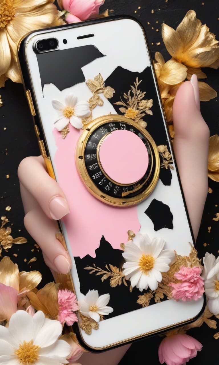  concept art black, white, gold, pink broken phone on a black and gold background of flowers . digital artwork, illustrative, painterly, matte painting, highly detailed, perfect hands