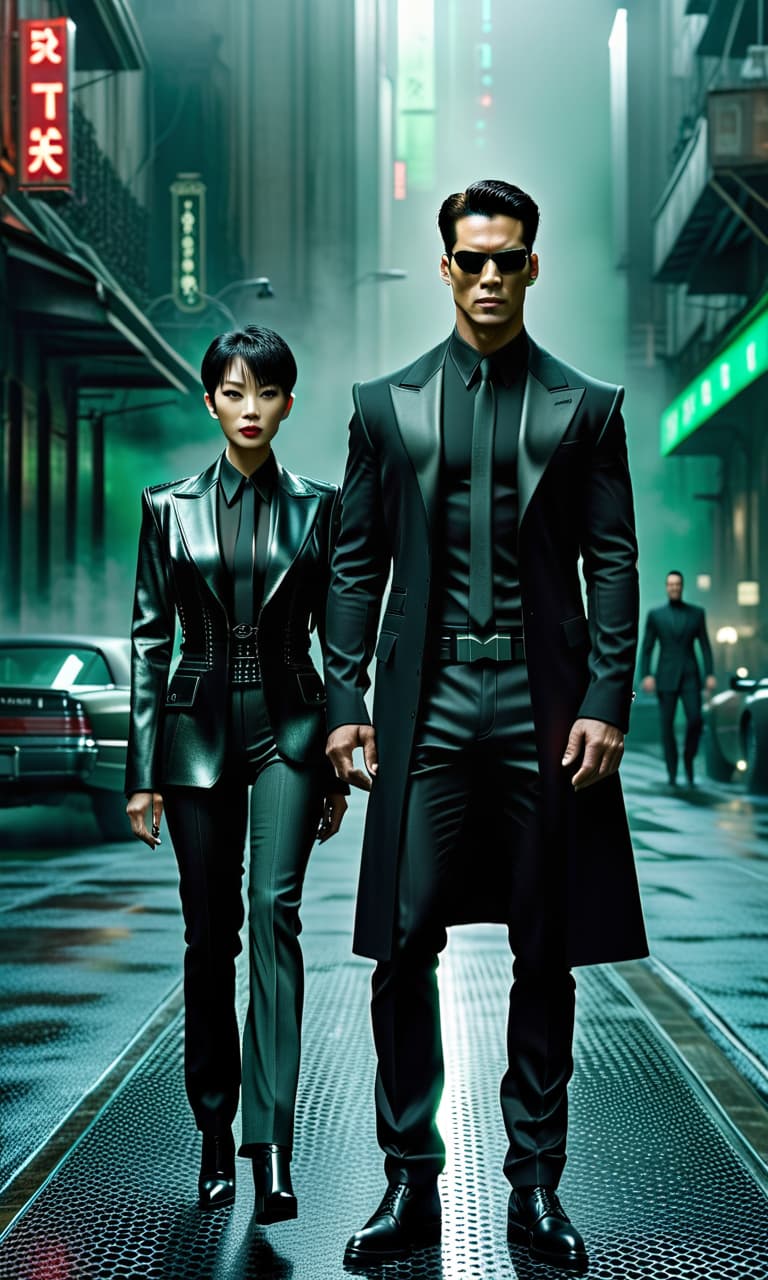  breathtaking matrix film. boy neo with the agent . award winning, professional, highly detailed hyperrealistic, full body, detailed clothing, highly detailed, cinematic lighting, stunningly beautiful, intricate, sharp focus, f/1. 8, 85mm, (centered image composition), (professionally color graded), ((bright soft diffused light)), volumetric fog, trending on instagram, trending on tumblr, HDR 4K, 8K