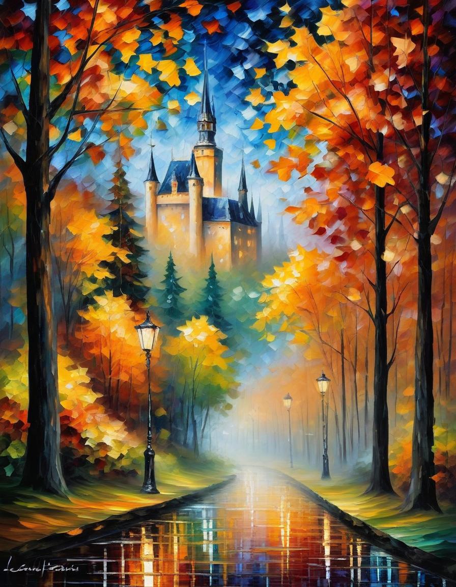  (style of leonid afremov:1.5), oil palette knife painting, canvas, autumn landscape, forest, castle, falling autumn leaves, fantasy, muted shades of colors, gothic aesthetic, beautiful, impessiomism