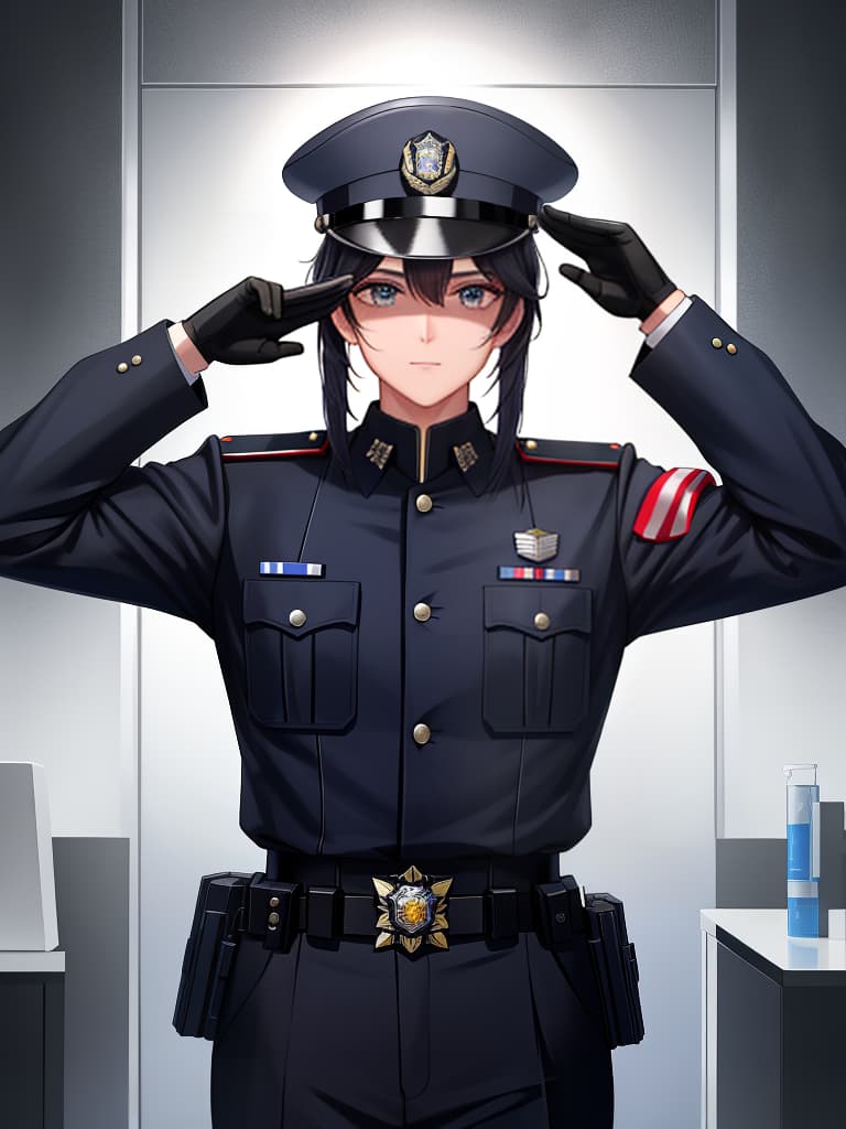  uniform police officer, salute 🫡, male police officer 👮♂, masterpiece, best quality,8k,ultra detailed,high resolution,an extremely delicate and beautiful,hyper detail