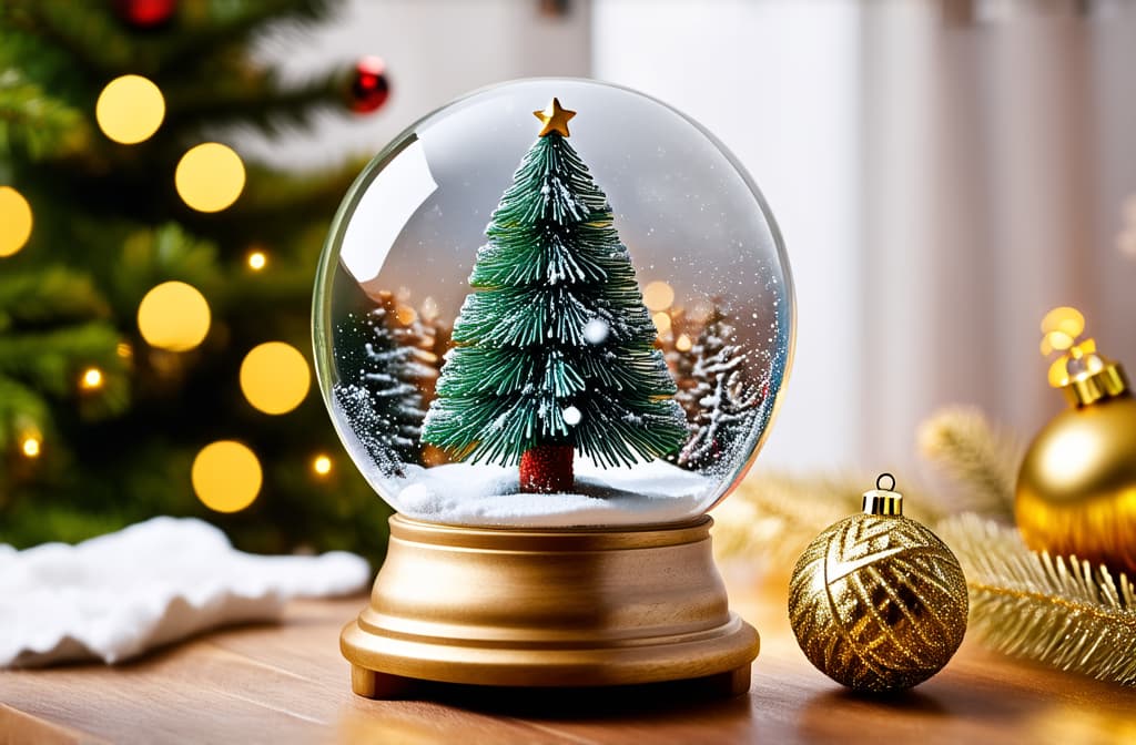  professional detailed photography, christmas snow globe with fir tree and golden decorations on wooden table. holiday background with bokeh lights. holiday decor. flat lay composition with copy space for design and print. ar 3:2, (muted colors, dim colors, soothing tones), (vsco:0.3)