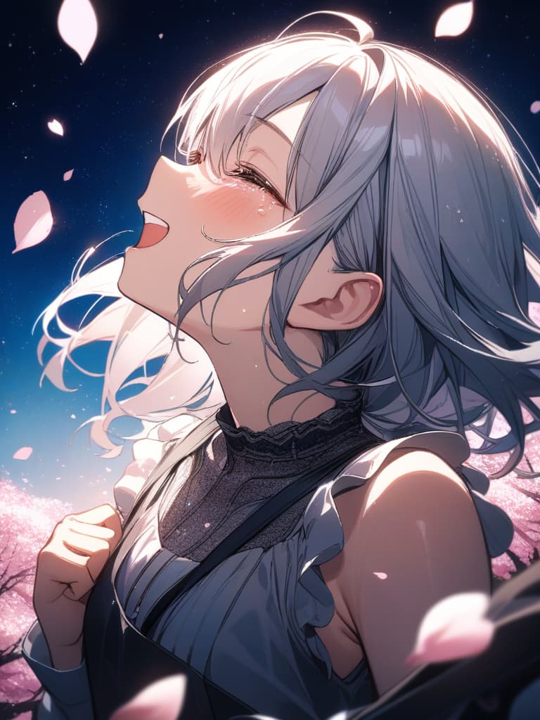  moon, starry sky, looking up at the sky, tears, girls, painful, cherry blossoms, cherry blossom petals scatter, profile, loli, laughing, masterpiece, best quality,8k,ultra detailed,high resolution,an extremely delicate and beautiful,hyper detail