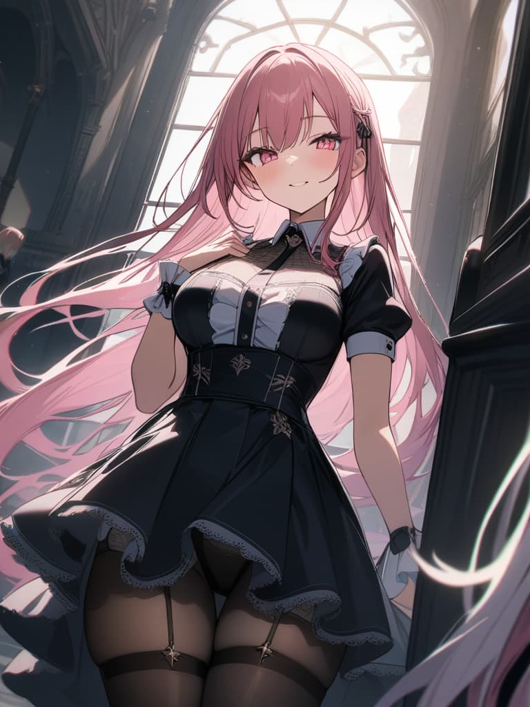  pink hair, maid clothes, skirts short, super long long hair, castle, pin heel, doll like, pink eyes, smiling, beautiful girls, beautiful girls, garter stocking net tights, cheating dresses, shifts ta, masterpiece, best quality,8k,ultra detailed,high resolution,an extremely delicate and beautiful,hyper detail