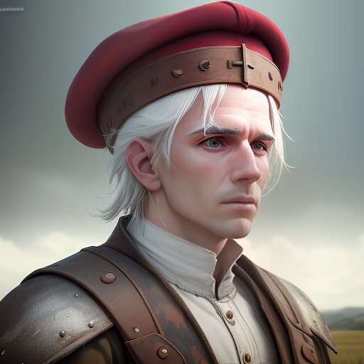  portrait of a young male white haired inquisitor in a red hat with fields. facial degeneration is gloomy, thoughtful, (extremely detailed oil painting:1.2), glow effects, godrays, hand drawn, render, 8k, octane render, cinema 4d, blender, dark, atmospheric 4k ultra detailed, cinematic sensual, sharp focus, humorous illustration, big depth of field, masterpiece, colors, 3d octane render, 4k, concept art, trending on artstation, hyperrealistic, vivid colors, extremely detailed cg unity 8k wallpaper, trending on artstation, trending on cgsociety, intricate, high detail, dramatic