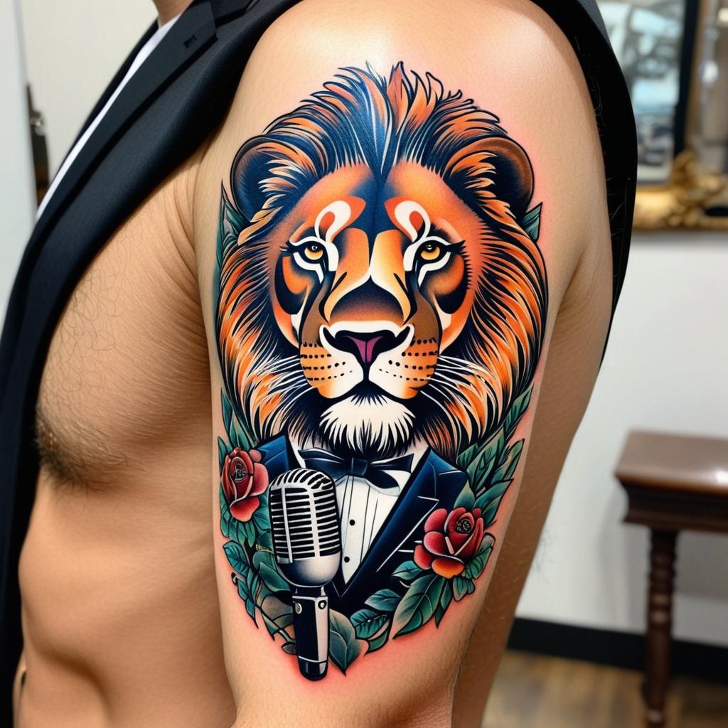  a lion's head in a men's tuxedo. in his hands is a microphone behind a beautiful location., (tattoo), (sleeve tattoo design on the arm)