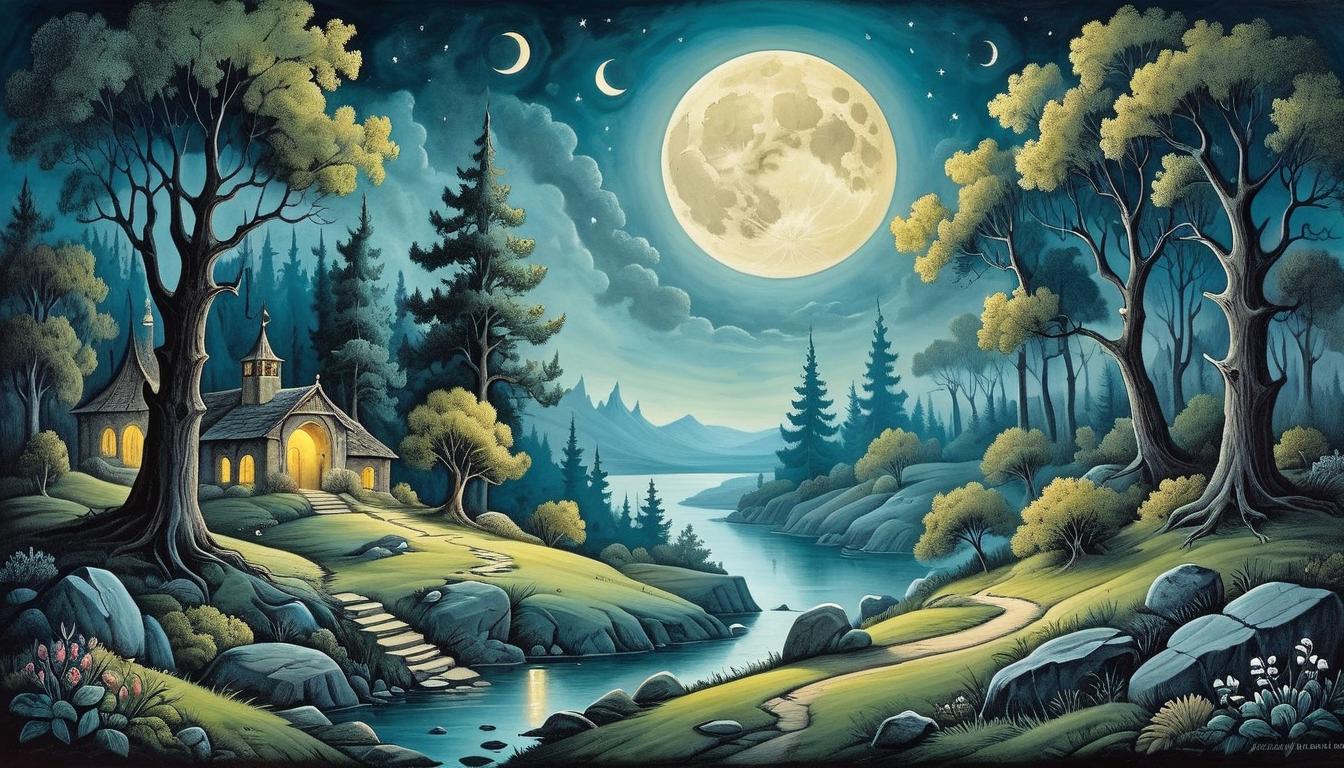  on parchment, surrealism+++, a landscape clearing under moonlight, crisp and defined edges, trees and rocks appearing more vivid and sharp, moon casting a radiant light, surreal, mystical(mysterious, provocative, symbolic,muted color)+++