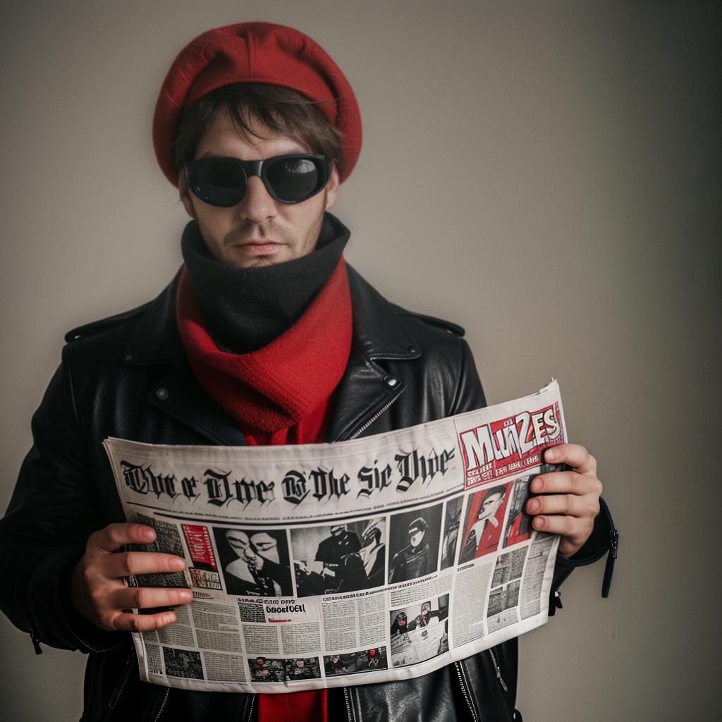  torso shot of a man with a red beret, black sunglasses, a red scarf covering his nose and mouth wearing a leather jacket. He has black gloves on and is holding a newspaper article where there is a picture of himself on the cover. There's zombies running behind him.