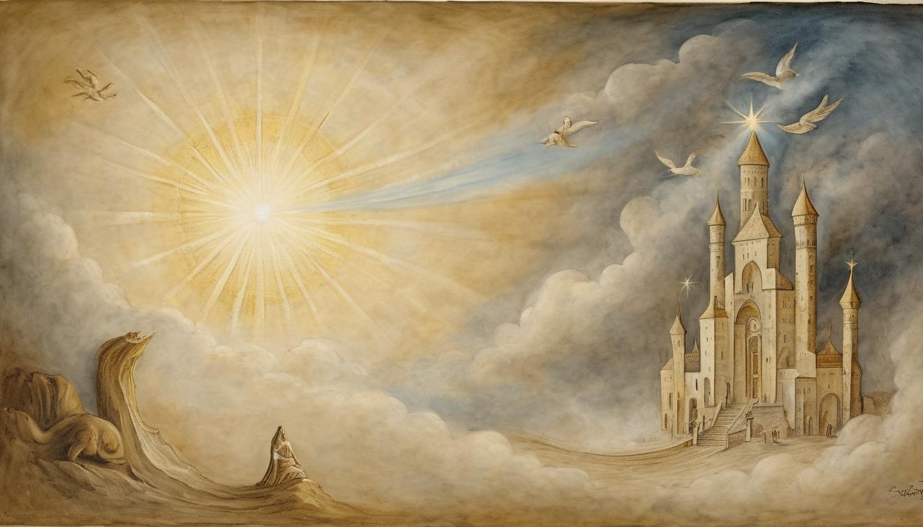  on parchment, surrealism++, radiant prayer beams rising to the heavens, divine light responding, potent and transformative(mysterious, provocative, symbolic)++