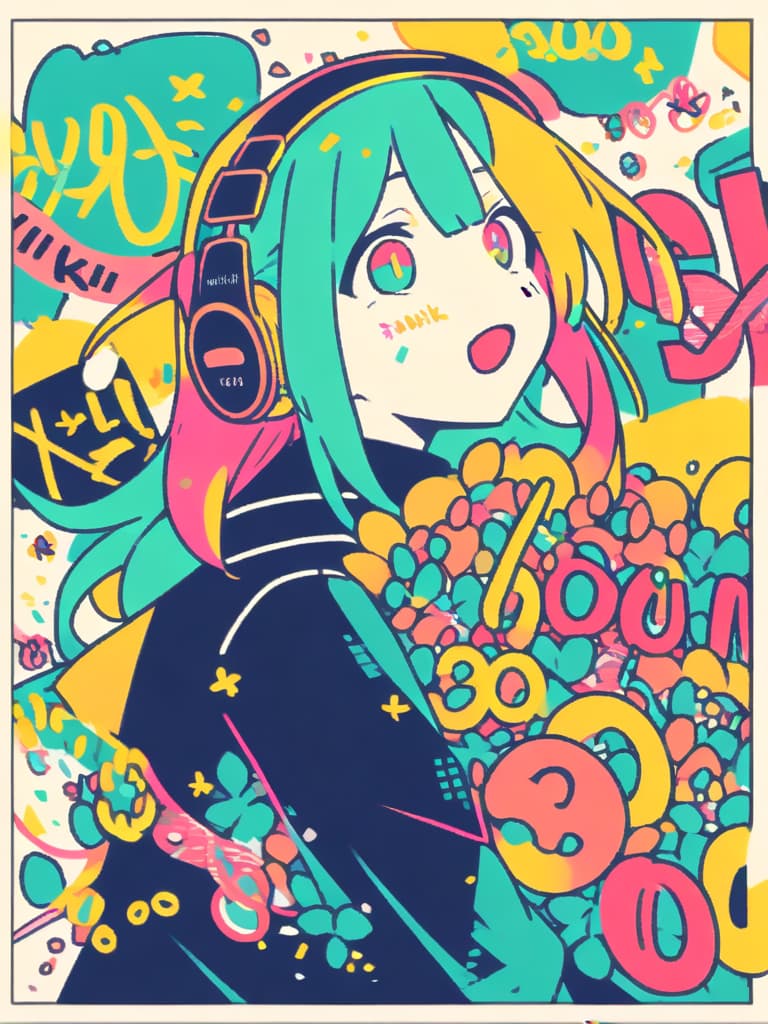  a girl with short green hair is laughing and crying loudly while holding a colorful bouquet of flowers,wearing headphones,and wearing a black sailor uniform with a red ribbon,with the number (((3000:1.8))) and the words ((("thank you":1.8))) displayed in large letters,grunge splats,flat color