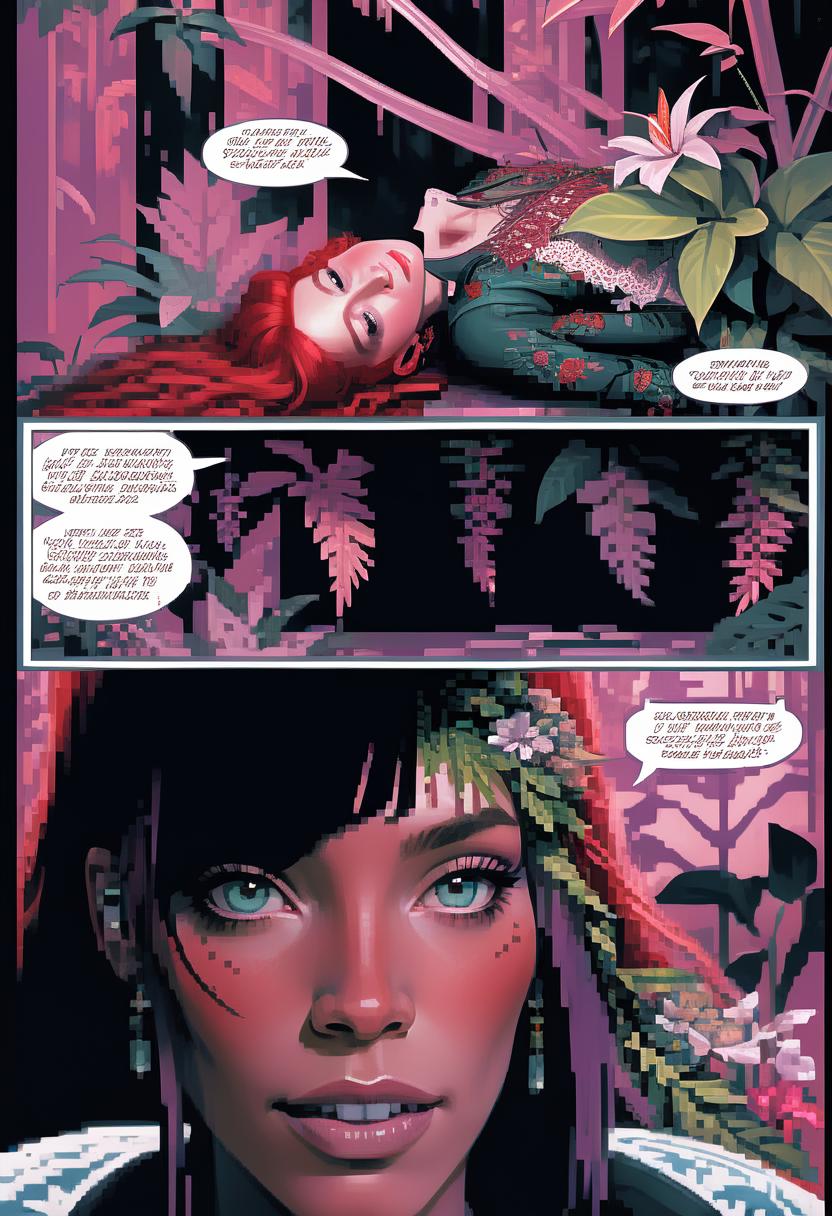  portrait of beautiful red haired bohemian queen wearing red colour lace surrounded by jungle plants and flowers art by mike mayhew and mark brooks and ross tran 8k resolution