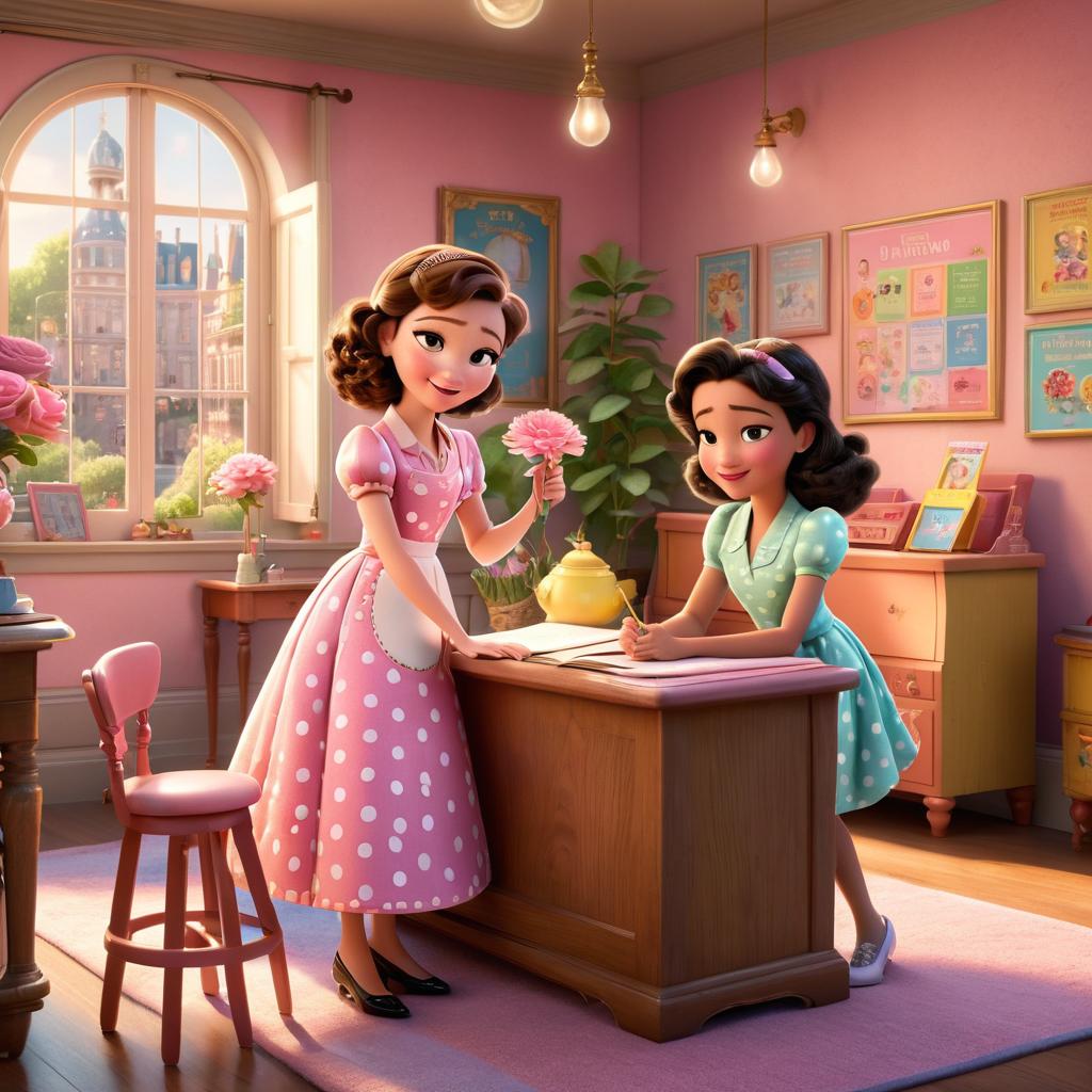  in 3d animated movie style. disney pixar style. paris, a old in a pink polka dot dress, and mrs. lily, an in a flowery dress, in a colorful clroom with educational posters and cozy furniture. high res pixar 3d style, soft lights in pastel colors for a warm, inviting atmosphere, focused on their bond.