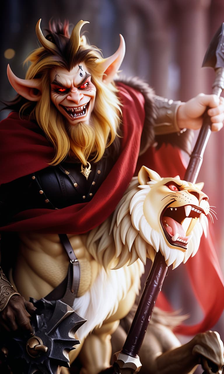  cinematic photo an evil goblin king, a crown on his head, with a small beard, red eyes, an evil grin on his face, a mantle with a fluffy collar, holds a large axe on his shoulder, a sporty physique, sits on horseback on a lion, an evil lion with a grin. . 35mm photograph, film, bokeh, professional, 4k, highly detailed, perfecteyes, hkmagic